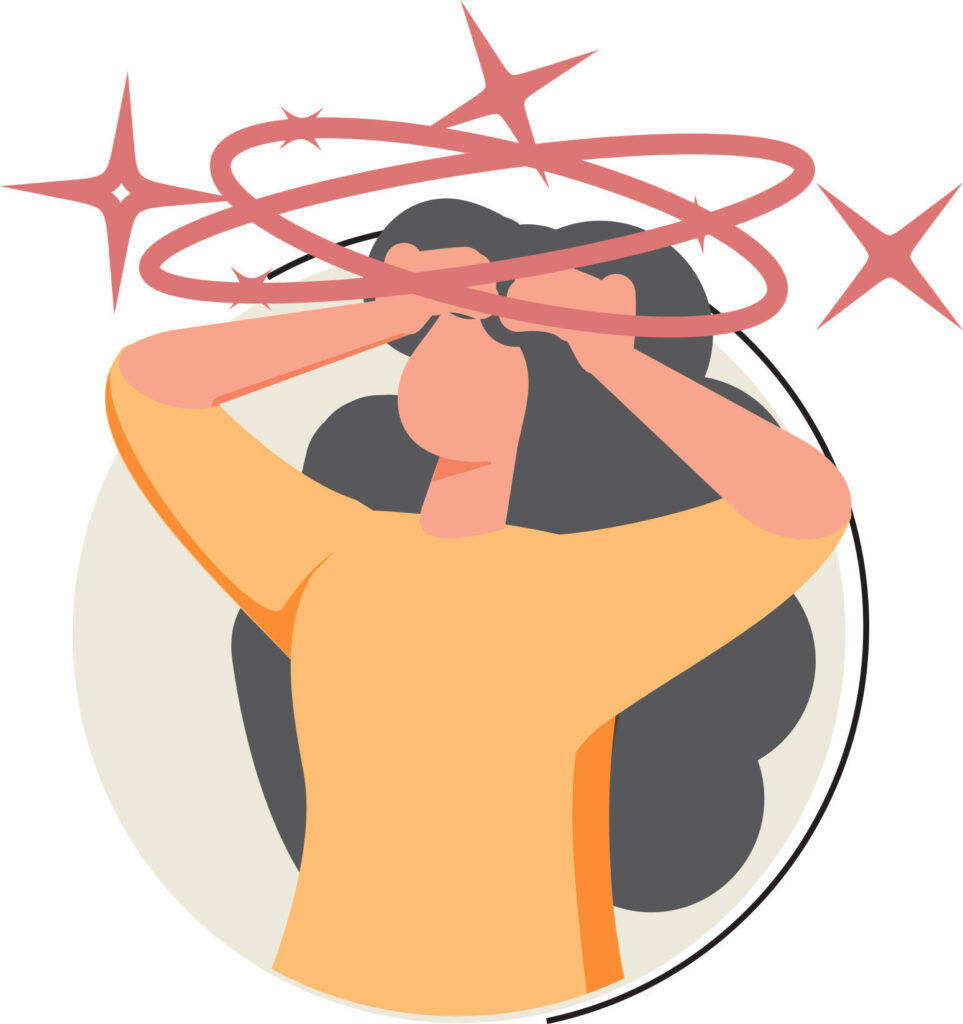 Cartoon illustration of a person experiencing vertigo with spinning surroundings and dizziness